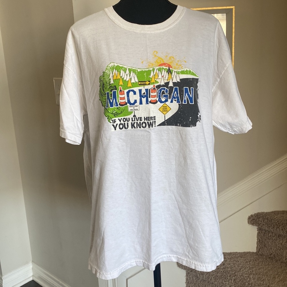 Rare Funny Michigan Road Work Construction White Graphic T-Shirt